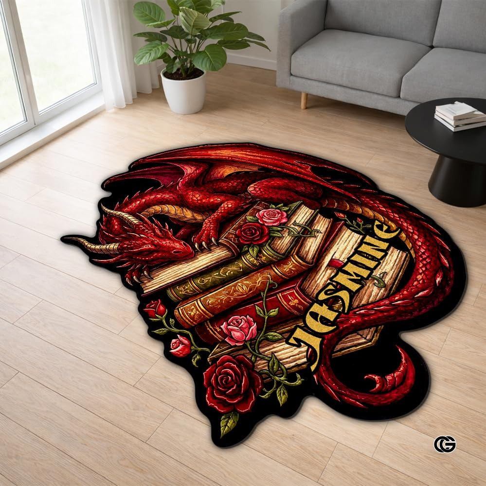 Custom Dragon Shaped Area Rug, Personalized Library Western Dragon Shaped Floor Mat Book Rug, Non-Slip Reading Room Carpet for Living Room, Bedroom, Dorm, Kids Room, Fans Lover (D1)