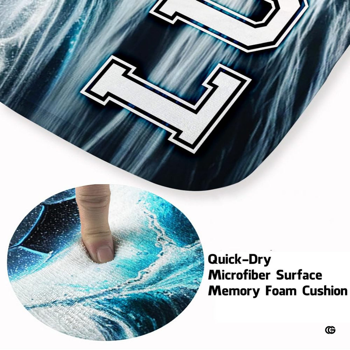 Close up texture detail of soccer splash area rug soft pile surface and hemmed edges.