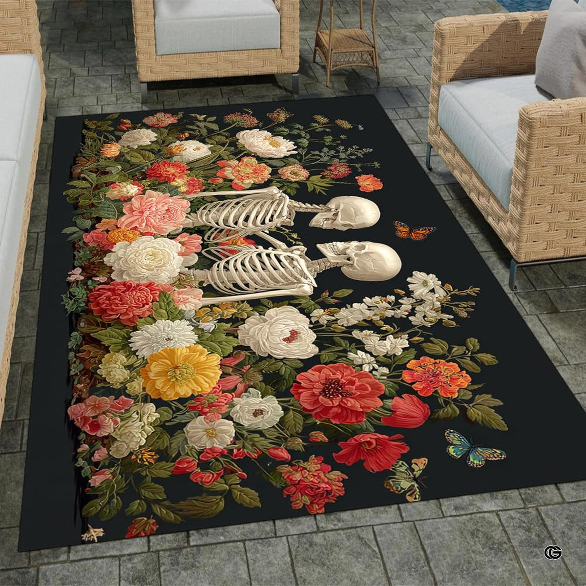 Floor layout view of the gothic skeleton lovers and floral meadow area rug - image 2 of 8