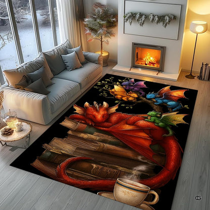 Cozy sleeping red dragon on vintage storybooks with teacup and baby dragons area rug. - thumbnail image 5 of 8