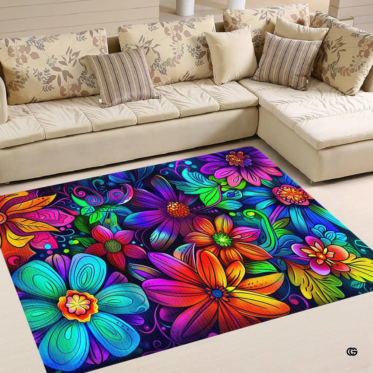 Dimensions and sizing options chart for vibrant neon floral boho living room area rug