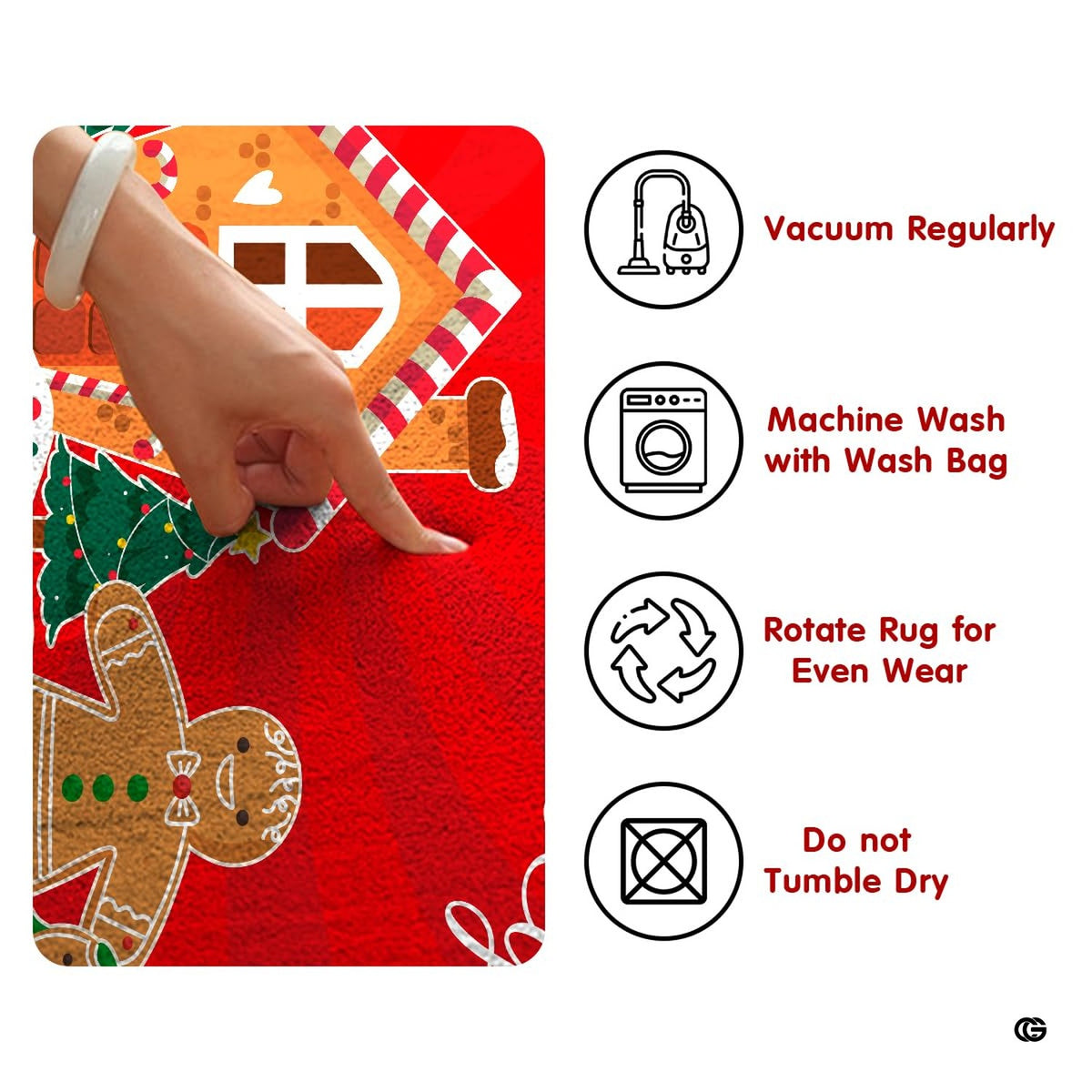 Microfiber surface texture closeup and routine care washing instructions for gingerbread rug
