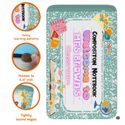 Green marbled composition notebook classroom area rug with welcome teacher banner and floral school motifs. (Angle 6) - thumbnail image 6 of 8