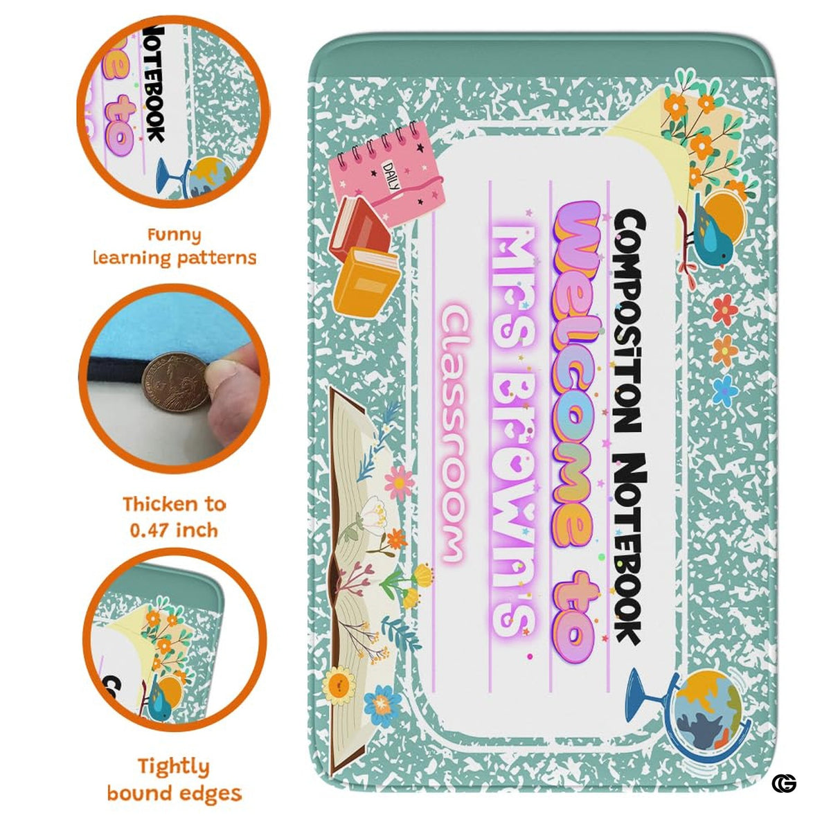 Green marbled composition notebook classroom area rug with welcome teacher banner and floral school motifs. (Angle 6) - image 6 of 8