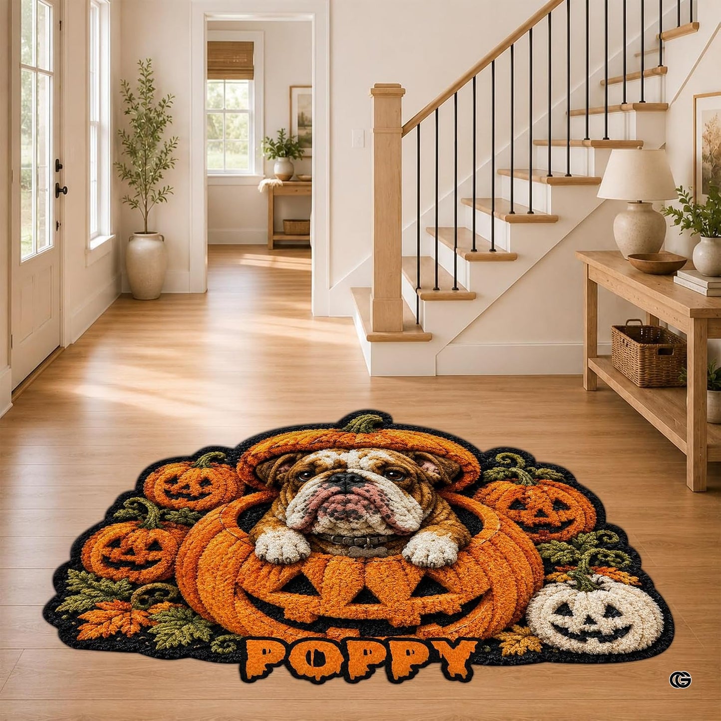 Custom Dog Photo Rug, Personalized Pet Portrait Area Mat Non Slip Indoor Door Rug for Dog Lovers, Welcome Home Decor Halloween (Pumpkin Halloween)