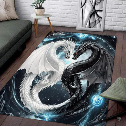 Living room floor mockup highlighting the twin dragon Yin Yang rug beside wicker seating - thumbnail image 2 of 8