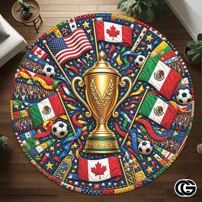 Custom Soccer Tournament Round Rug with Trophy Design - D9