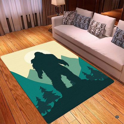 Spacious living room sectional couch setup displaying bigfoot forest silhouette rustic area rug - thumbnail image 3 of 5