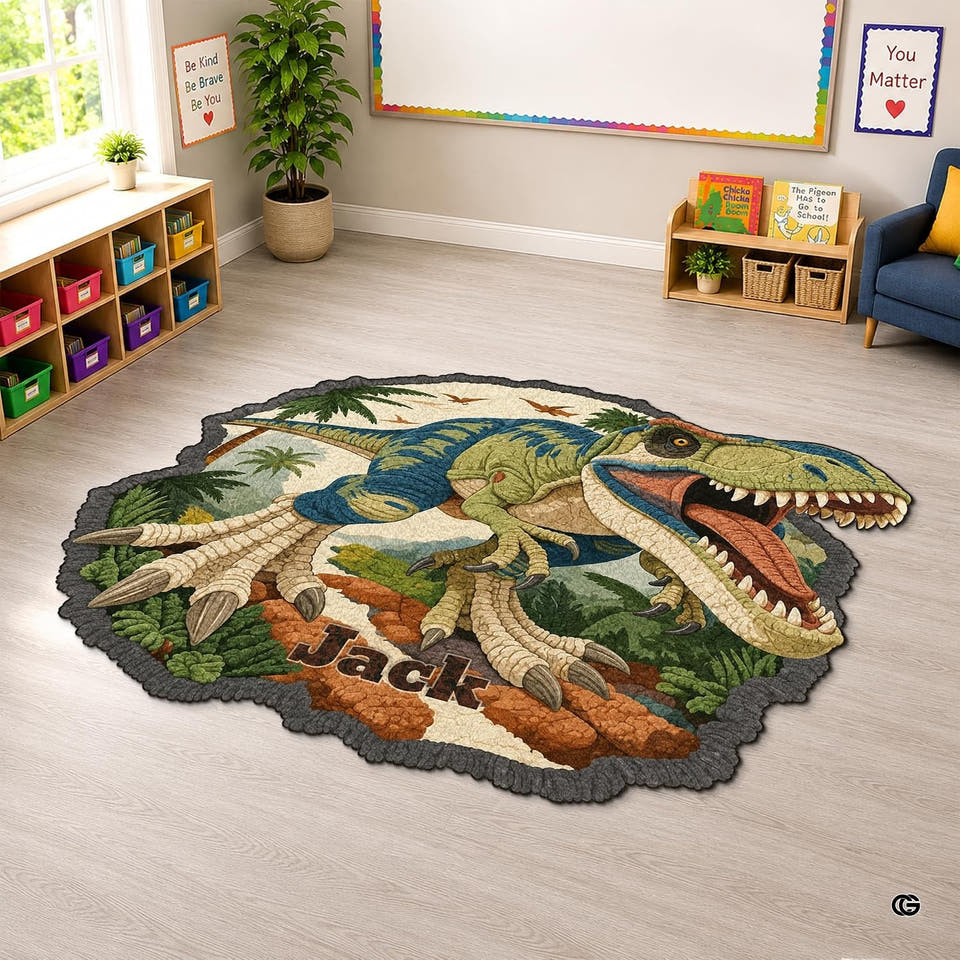 T rex prehistoric jungle rug in a classroom