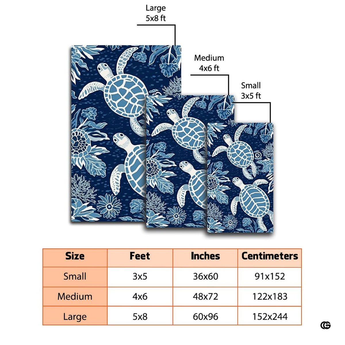 Living room setting with sea turtle coastal rug anchoring an open beach ocean floor plan with white furniture.