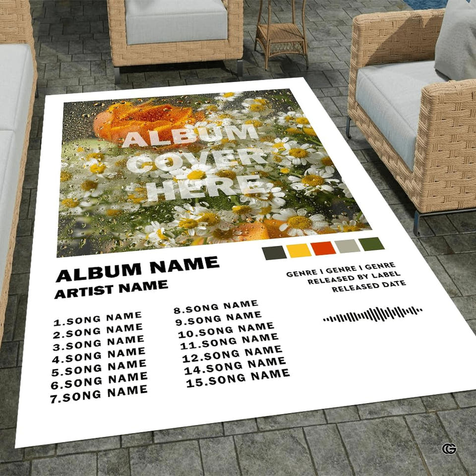 Music mat songs pokopia tracklist area rug on display in a modern living space.