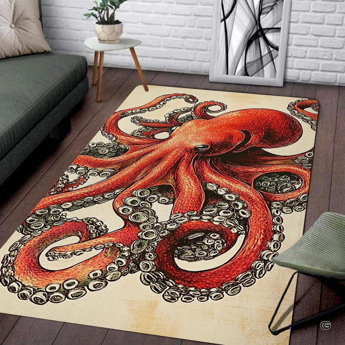 Vintage kraken octopus nautical etching area rug displayed across a classic living room layout.