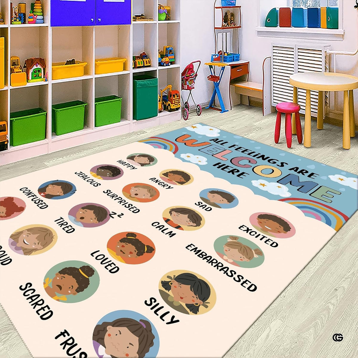 Classroom rug ideas styling with emotions area rug centered near low wooden bookshelves and decor.