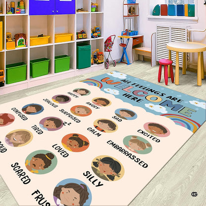 Classroom rug ideas styling with emotions area rug centered near low wooden bookshelves and decor. - thumbnail image 4 of 7