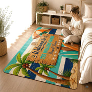 Personalized Tropical Beach Rug, Custom Family Name Tropical Outdoor Rug, Flamingo Surfboard Ocean Area Rug for Living Room, Patio, Beach House Decor, Design 05