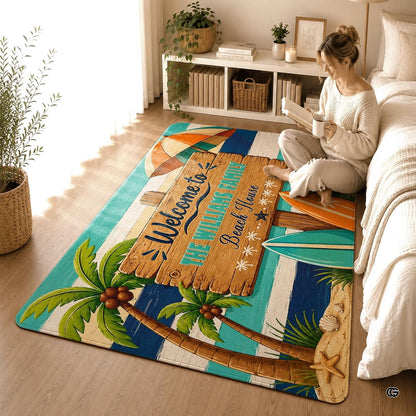 Personalized Tropical Beach Rug, Custom Family Name Tropical Outdoor Rug, Flamingo Surfboard Ocean Area Rug for Living Room, Patio, Beach House Decor, Design 05
