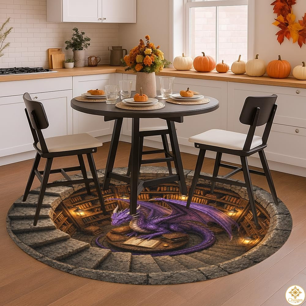 Personalized Dragon Round Rug with 3D Effect and Bookshelf