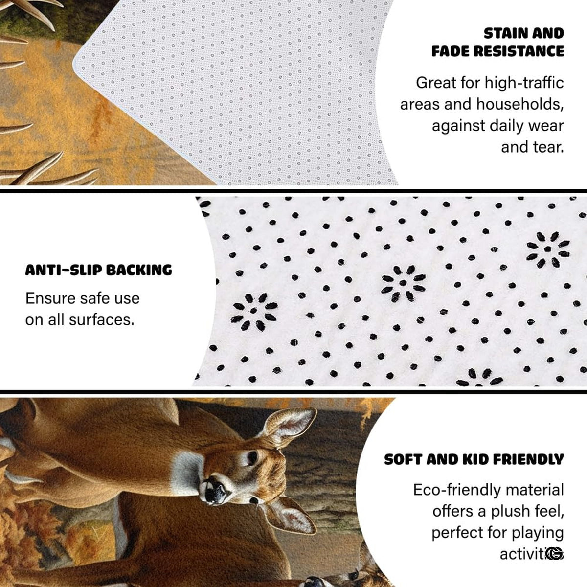 Anti-slip dot backing and hemmed edge stitching on rustic deer hunting rug - image 4 of 7