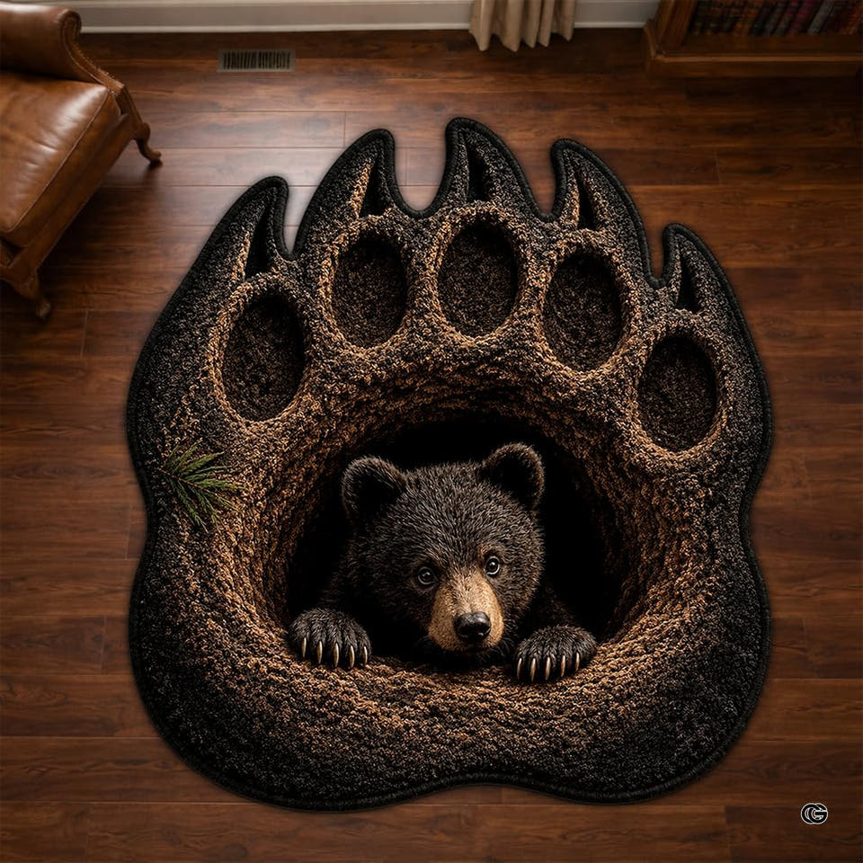 Grizzly bear paw cub cave shaped area rug in primary perspective