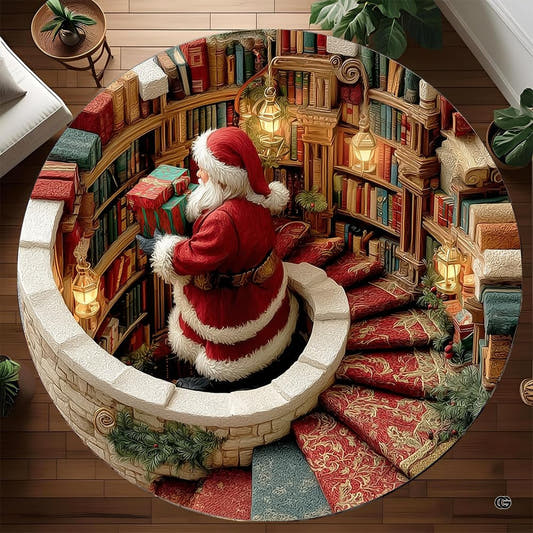 Round Santa library rug with gifts, bookshelves and spiral staircase