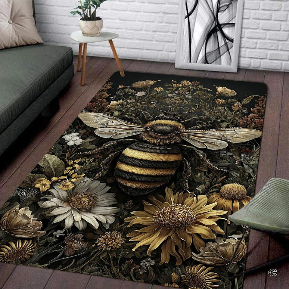 Moody bumblebee vintage daisy sunflower flora area rug in modern living room setting