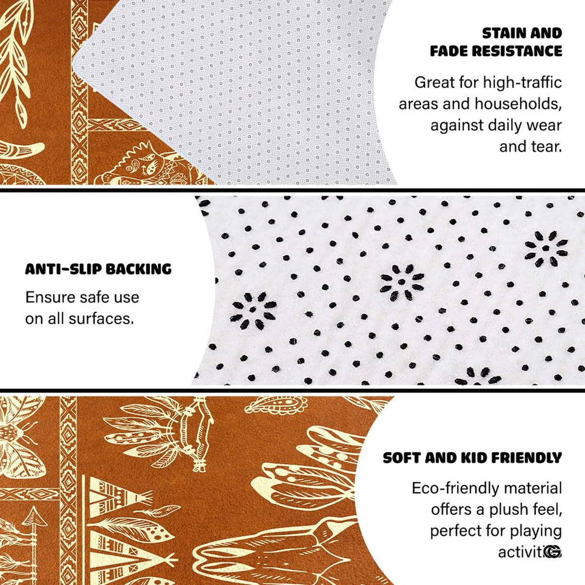 Bedroom layout showing the terracotta tribal boho rug near wooden furnishings