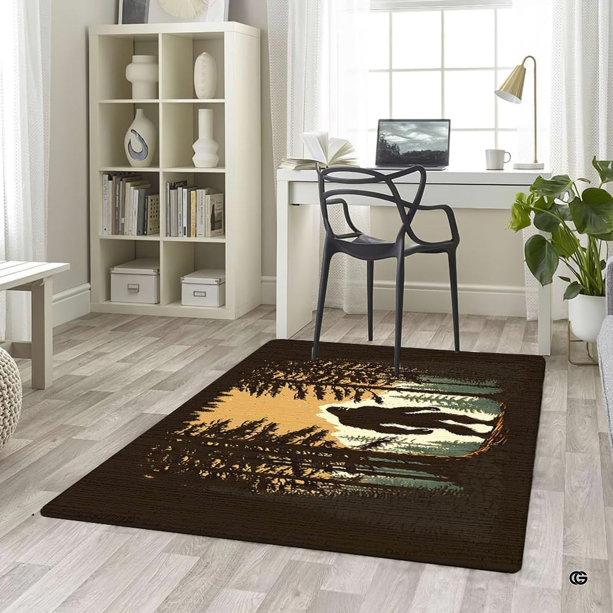 Home office desk setup with swivel chair placed over the rustic bigfoot forest clearing area rug - image 5 of 5