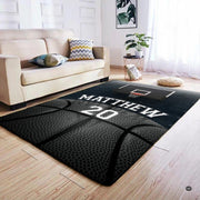 High-contrast basketball hoop backboard and net artwork print on a modern dark area rug. - thumbnail image 4 of 7