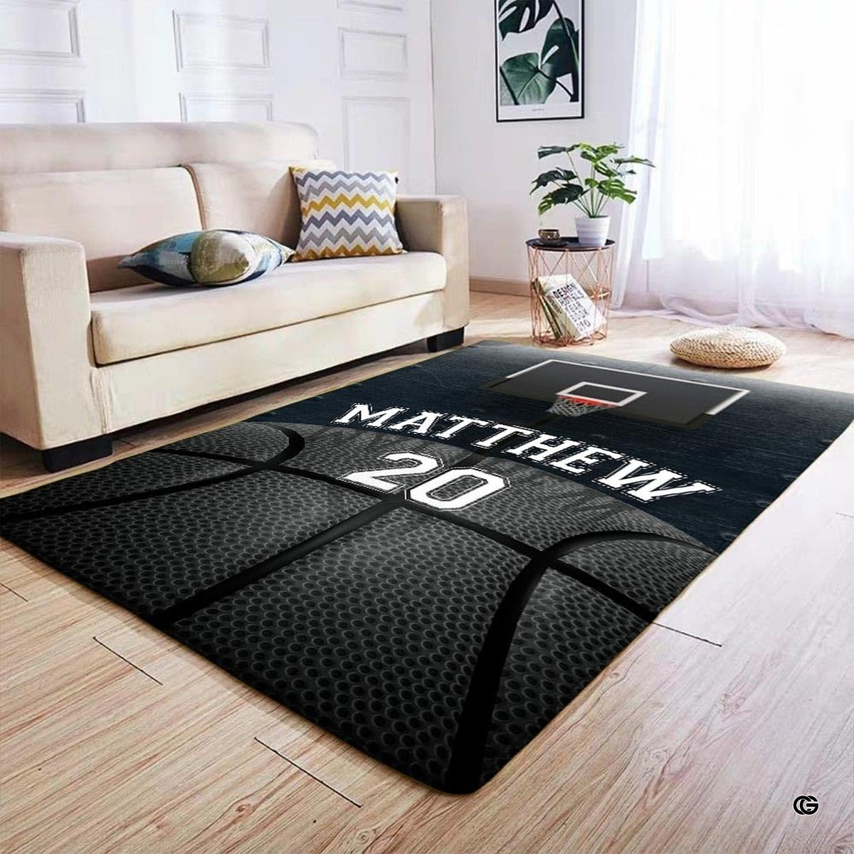 High-contrast basketball hoop backboard and net artwork print on a modern dark area rug. - image 4 of 7