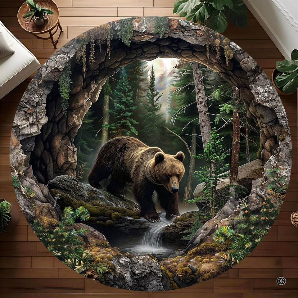 Grizzly bear forest waterfall cave circular area rug in top overhead view
