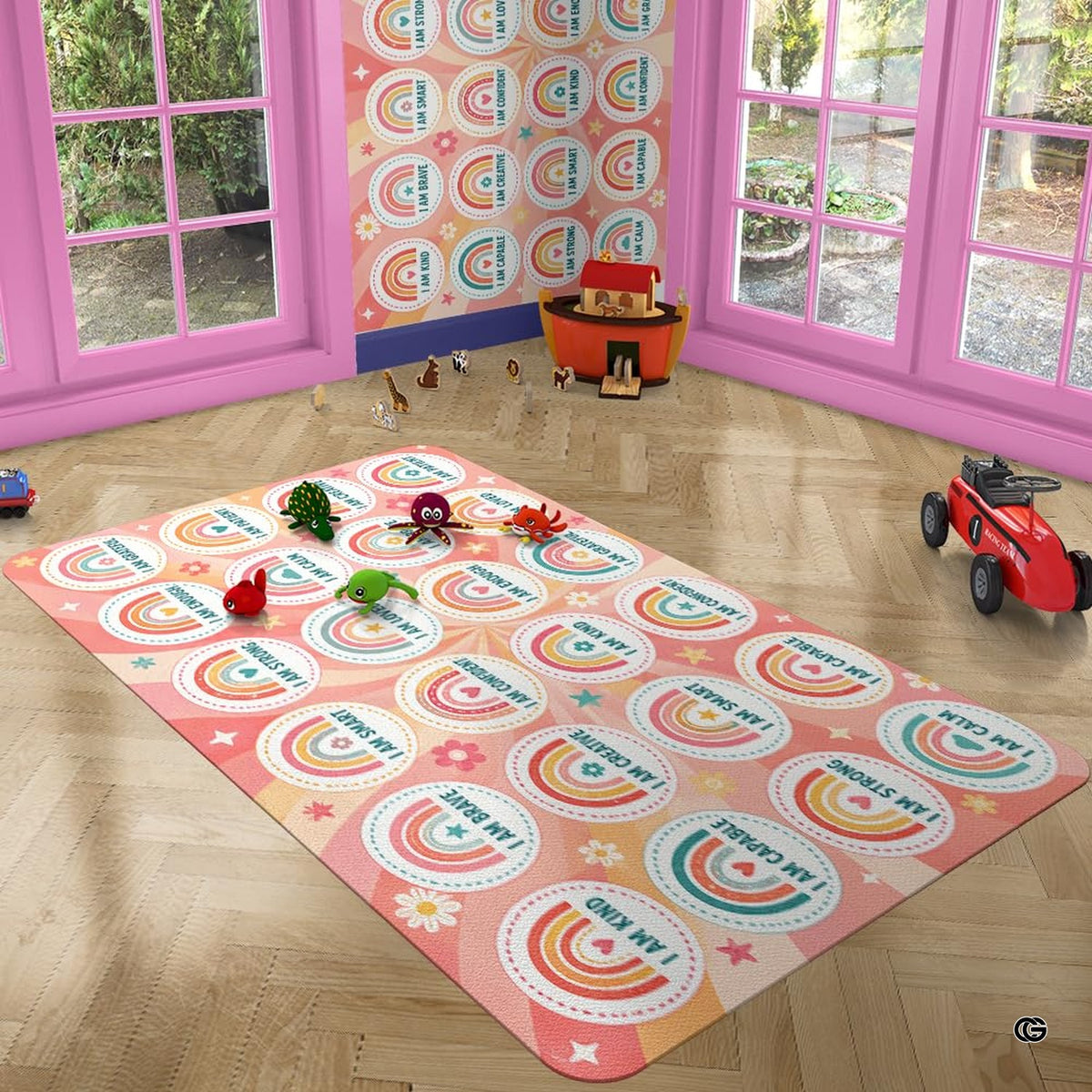 Anti-slip dot backing and clean hemmed edge stitching on rainbow affirmation rug