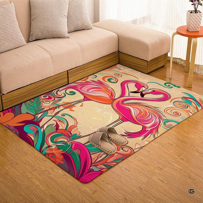 Close up texture detail showing soft pile surface and stitching of flamingo area rug. - thumbnail image 3 of 7