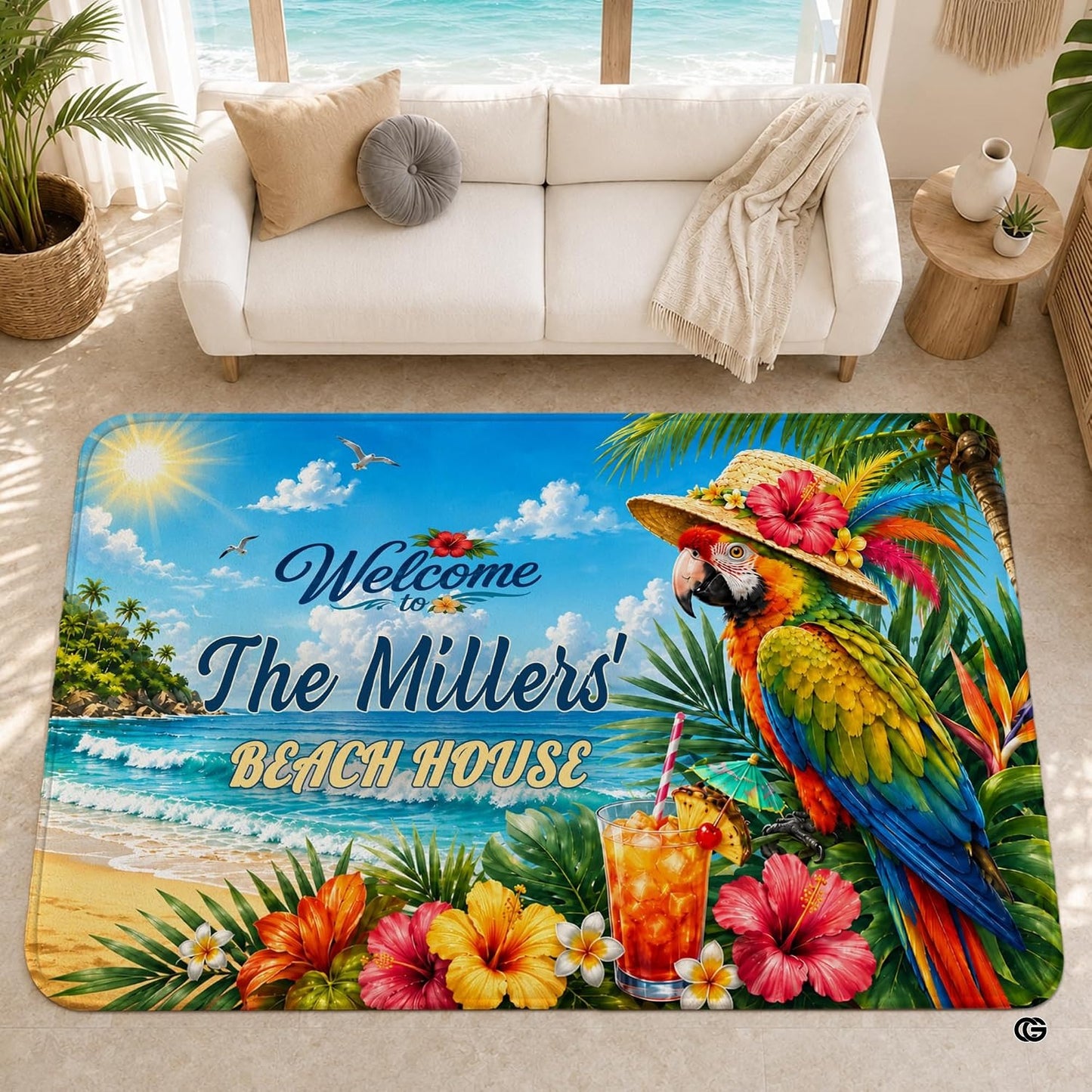 Personalized Tropical Beach Rug, Custom Family Name Tropical Outdoor Rug, Flamingo Surfboard Ocean Area Rug for Living Room, Patio, Beach House Decor, Design 04