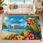 Personalized Tropical Beach Rug, Custom Family Name Tropical Outdoor Rug, Flamingo Surfboard Ocean Area Rug for Living Room, Patio, Beach House Decor, Design 04