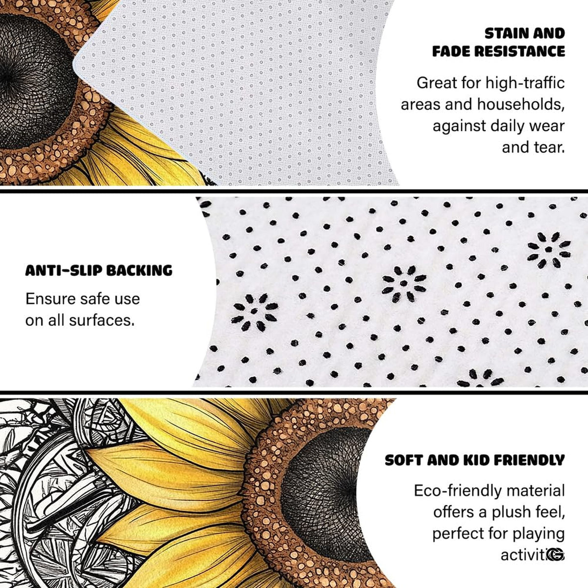 Non-skid dotted backing and resilient pile construction of the sunflower mandala area rug.