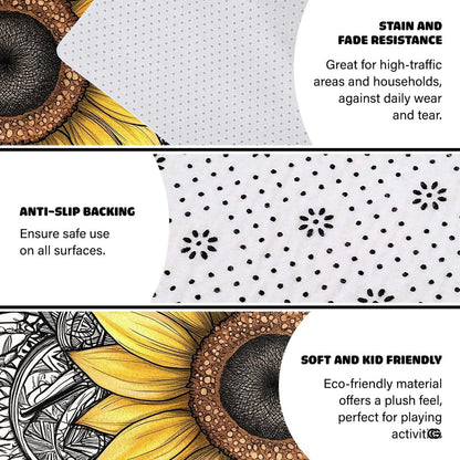 Non-skid dotted backing and resilient pile construction of the sunflower mandala area rug. - thumbnail image 6 of 7