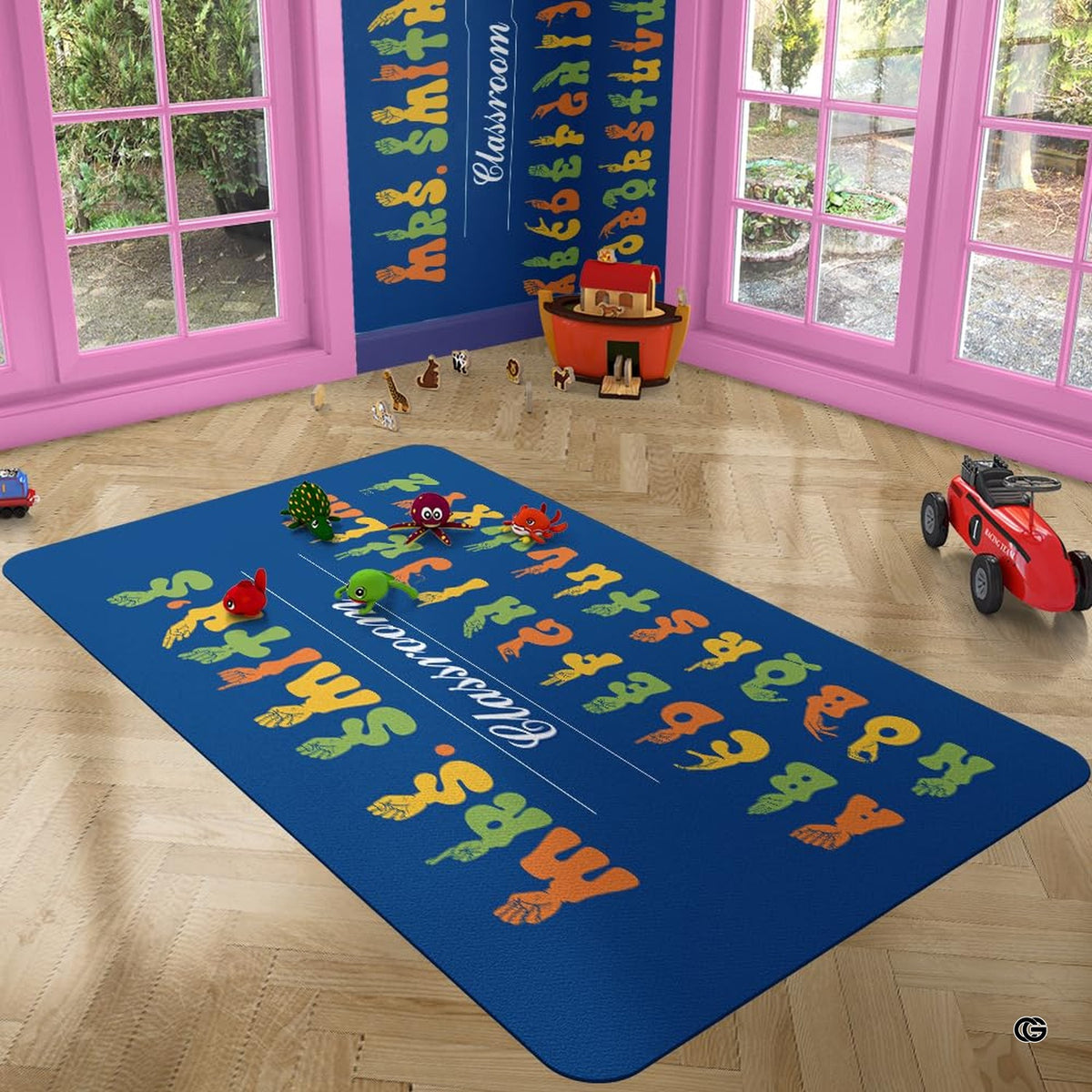 Close up texture detail showing soft pile surface and stitching of classroom area rug. - image 3 of 9