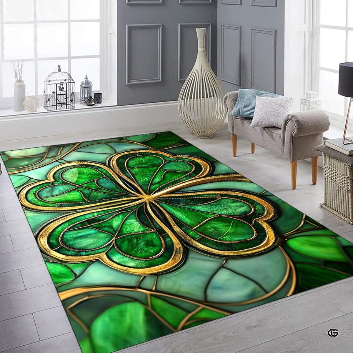 Stylized four-leaf clover area rug styled in an elegant sitting room setting.