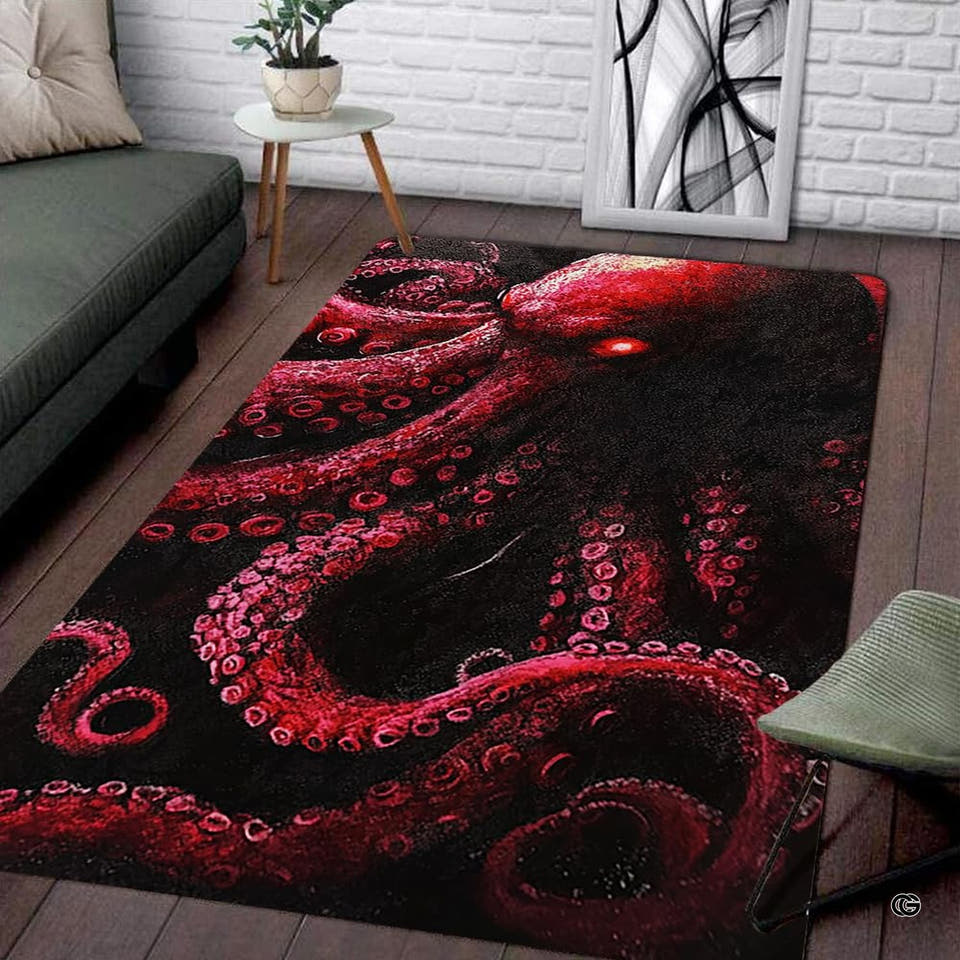 Dark crimson kraken octopus living room area rug emerging from black abyss with glowing eye