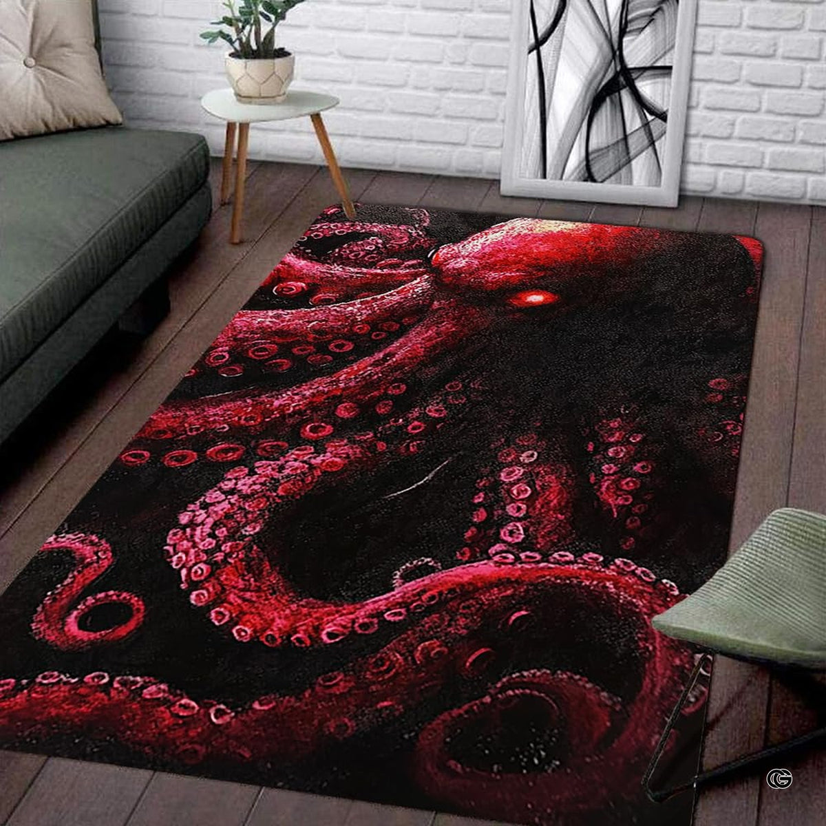 Dark crimson kraken octopus living room area rug emerging from black abyss with glowing eye - image 1 of 7