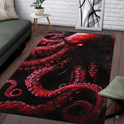 Dark crimson kraken octopus living room area rug emerging from black abyss with glowing eye - thumbnail image 1 of 7