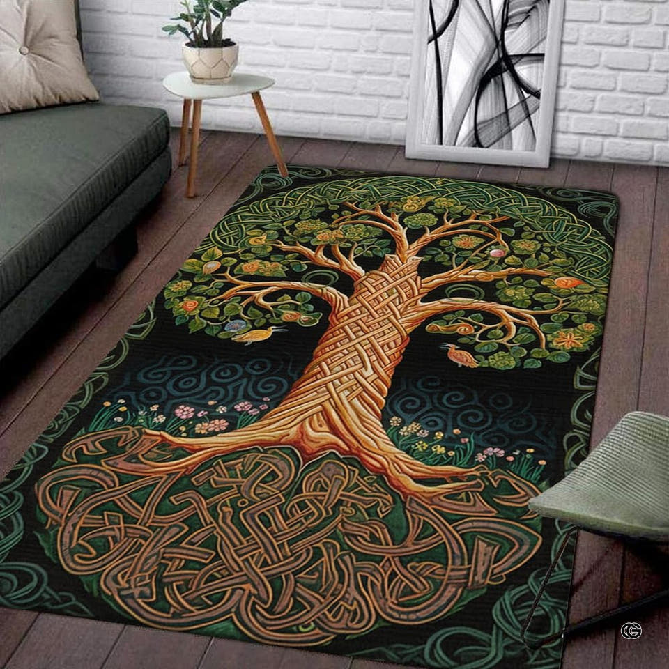 Celtic tree of life area rug featuring ornate knotwork branches on a dark background.