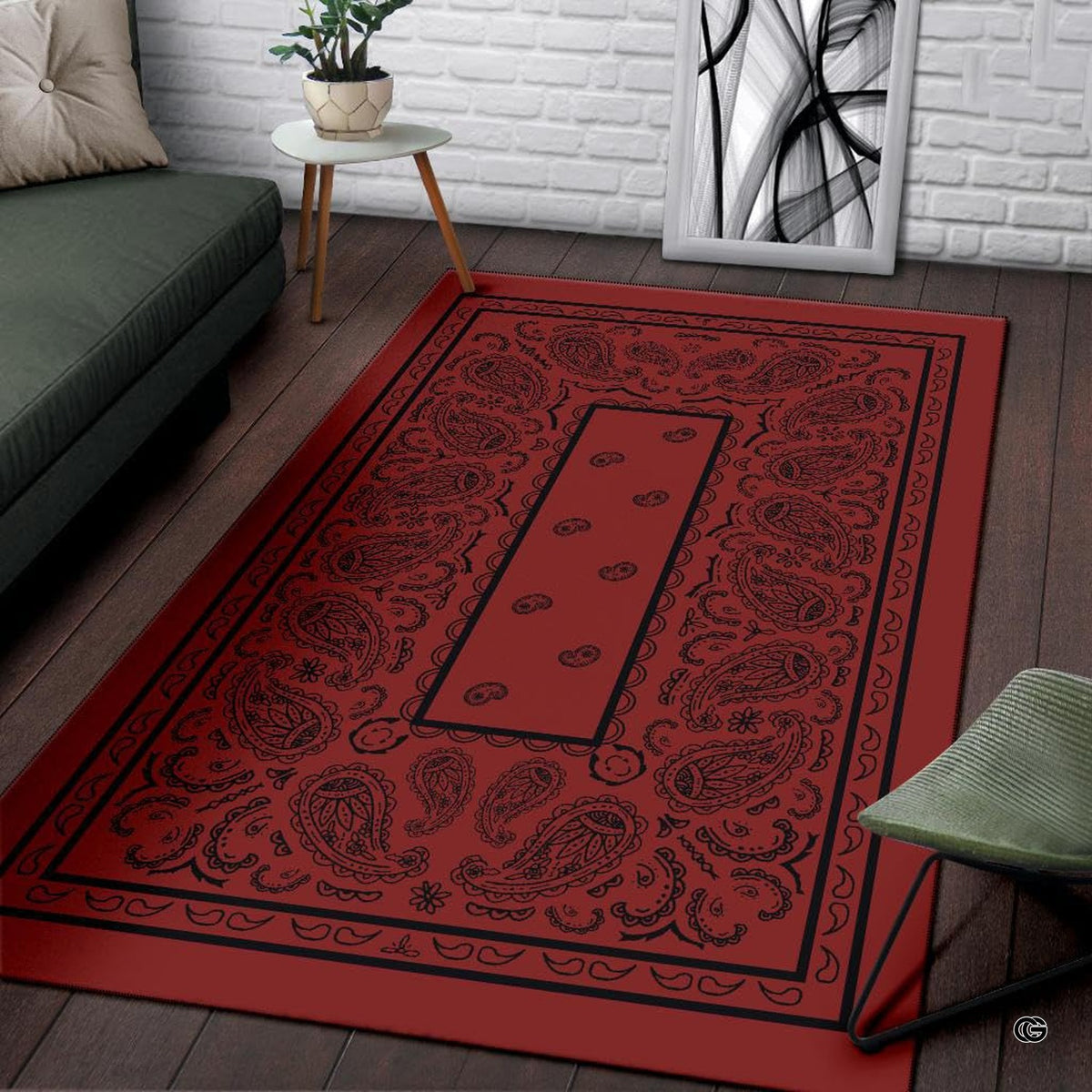 Close-up of crimson area rug artwork highlighting fine black line illustrations and floral paisley details. - image 3 of 9
