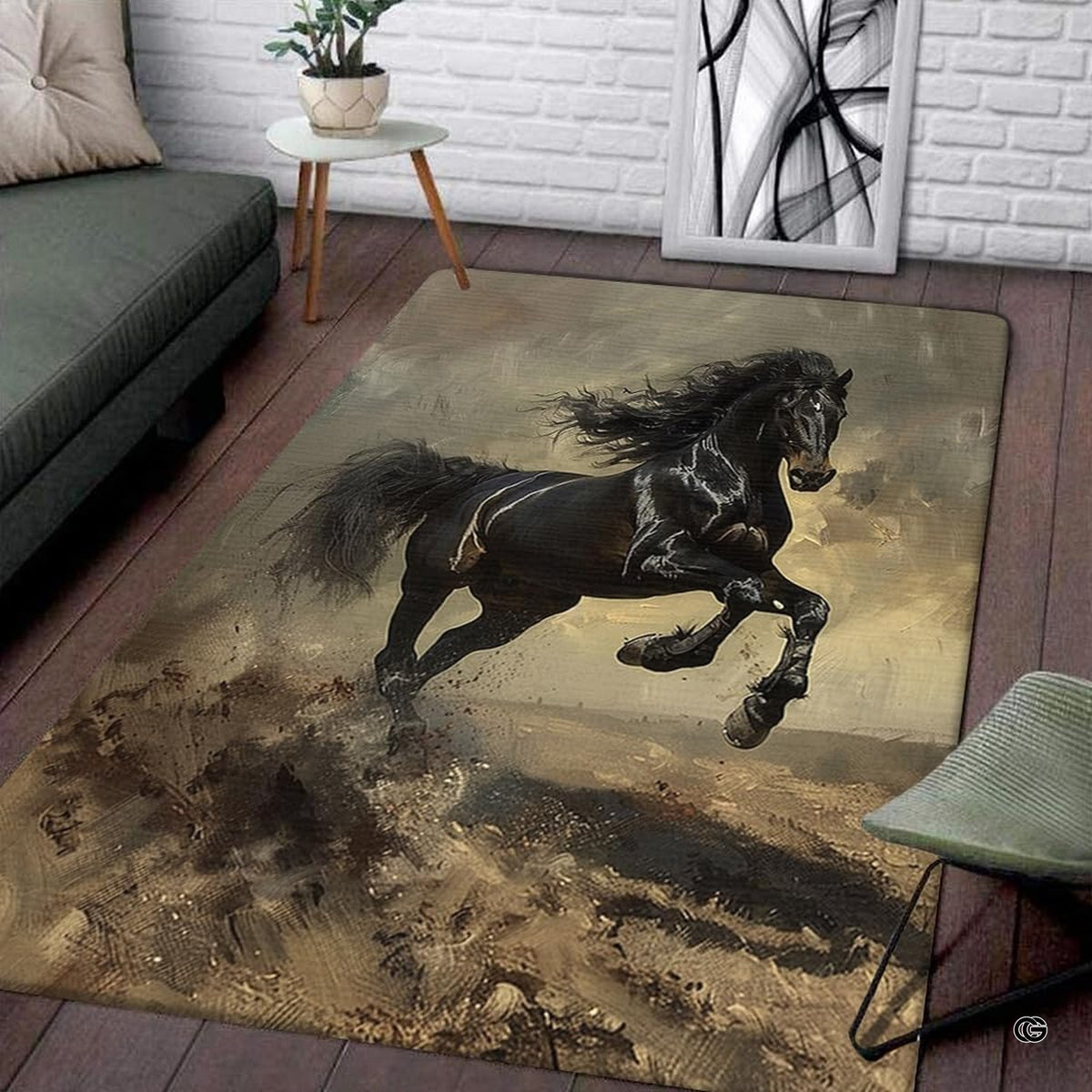 Galloping black stallion oil painting living room area rug with wild horse charging across dusty plains