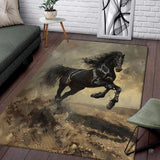 Galloping black stallion oil painting living room area rug with wild horse charging across dusty plains