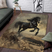 Galloping black stallion oil painting living room area rug with wild horse charging across dusty plains - thumbnail image 1 of 5
