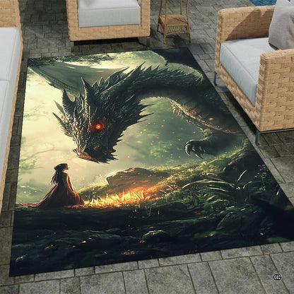 Dark fantasy dragon campfire floor rug placed in a themed entertainment space. - thumbnail image 7 of 7
