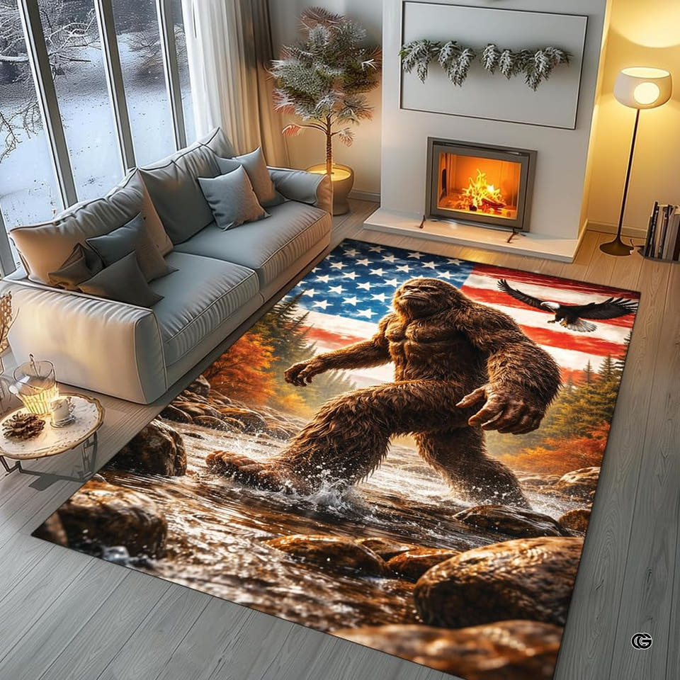 Patriotic Bigfoot rug crossing a rocky forest stream