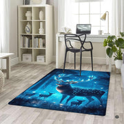 Overhead angle of mystical stag rug artwork in deep royal blue, cyan, and radiant white shades. - thumbnail image 5 of 5