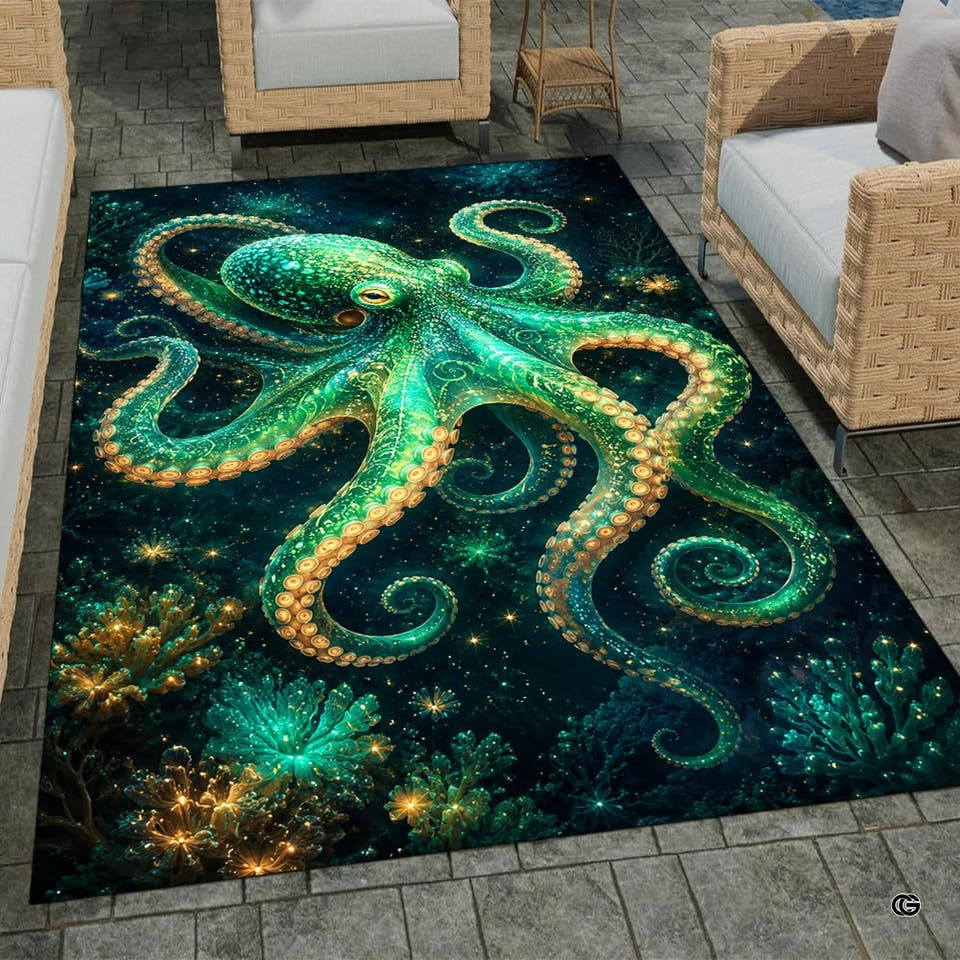 Bioluminescent octopus green area rug featuring turquoise tentacles and radiant coral in an open living room layout.
